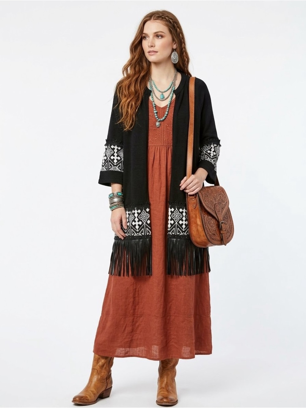 Boho Whimsigoth Western Fringe Long Open Cardigan Tribal Embroidered Witchy Brat